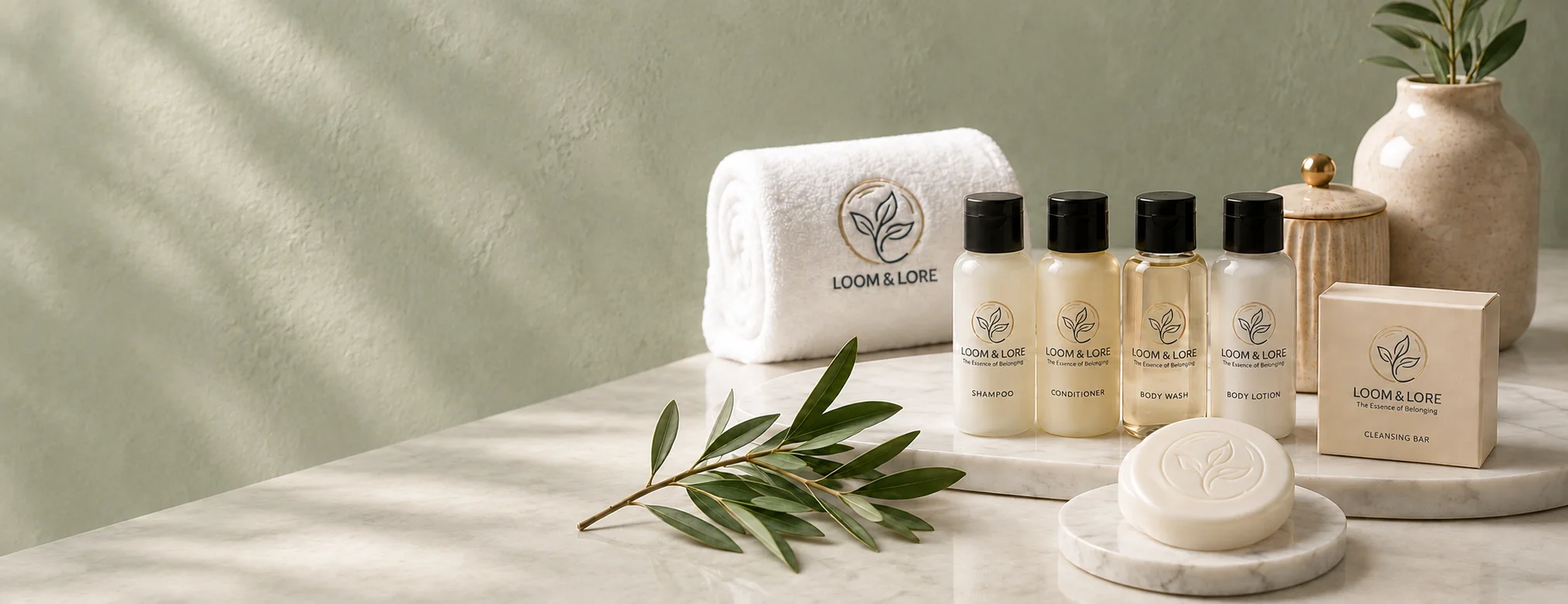 Luxury hotel toiletries and amenities on a marble vanity