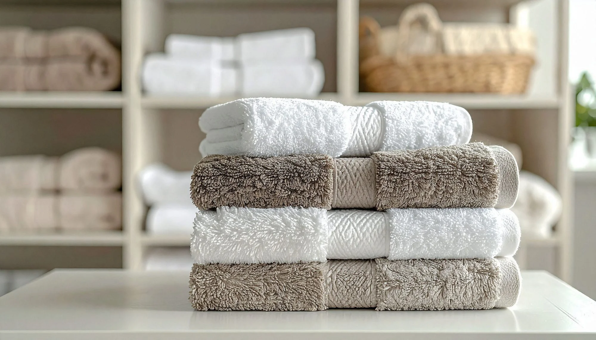 Stacked hotel towels on a shelf